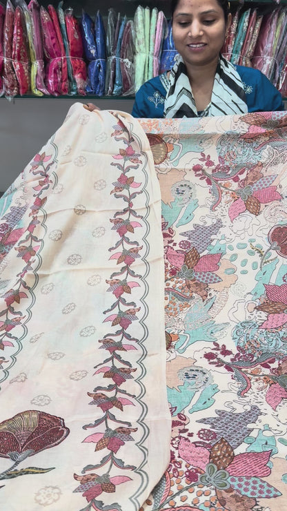 Twill digital print top with masleen bottom and mul twill dupatta