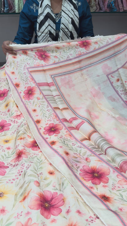 Twill digital print top with masleen bottom and mul twill dupatta