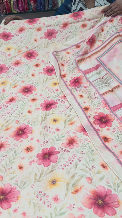 Twill digital print top with masleen bottom and mul twill dupatta