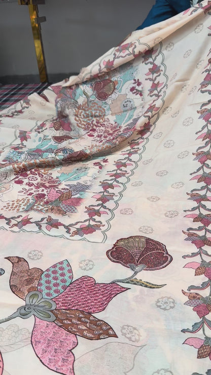 Twill digital print top with masleen bottom and mul twill dupatta